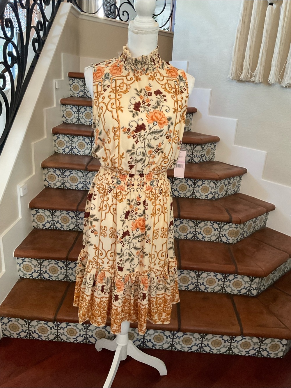 Nanette Lepore Cream Floral Tiered Midi Dress with Orange Accents